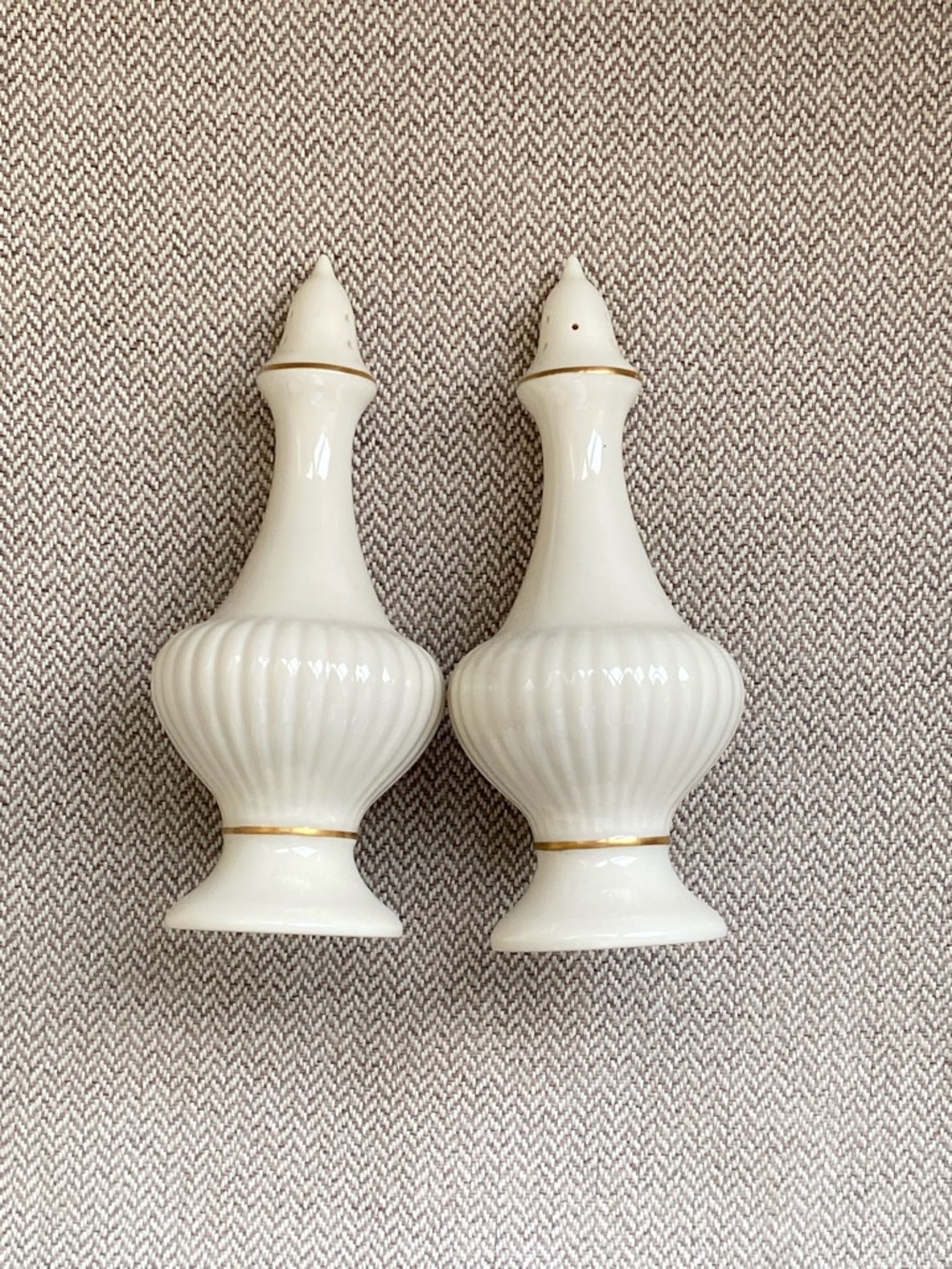 Lennox Cream Ceramic Salt and Pepper Shakers with Gold Trim